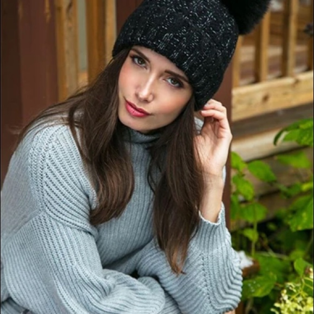 Kyi Kyi Knitted wool blend outdoor Faux Fur Pom Pom Hat in black and white New